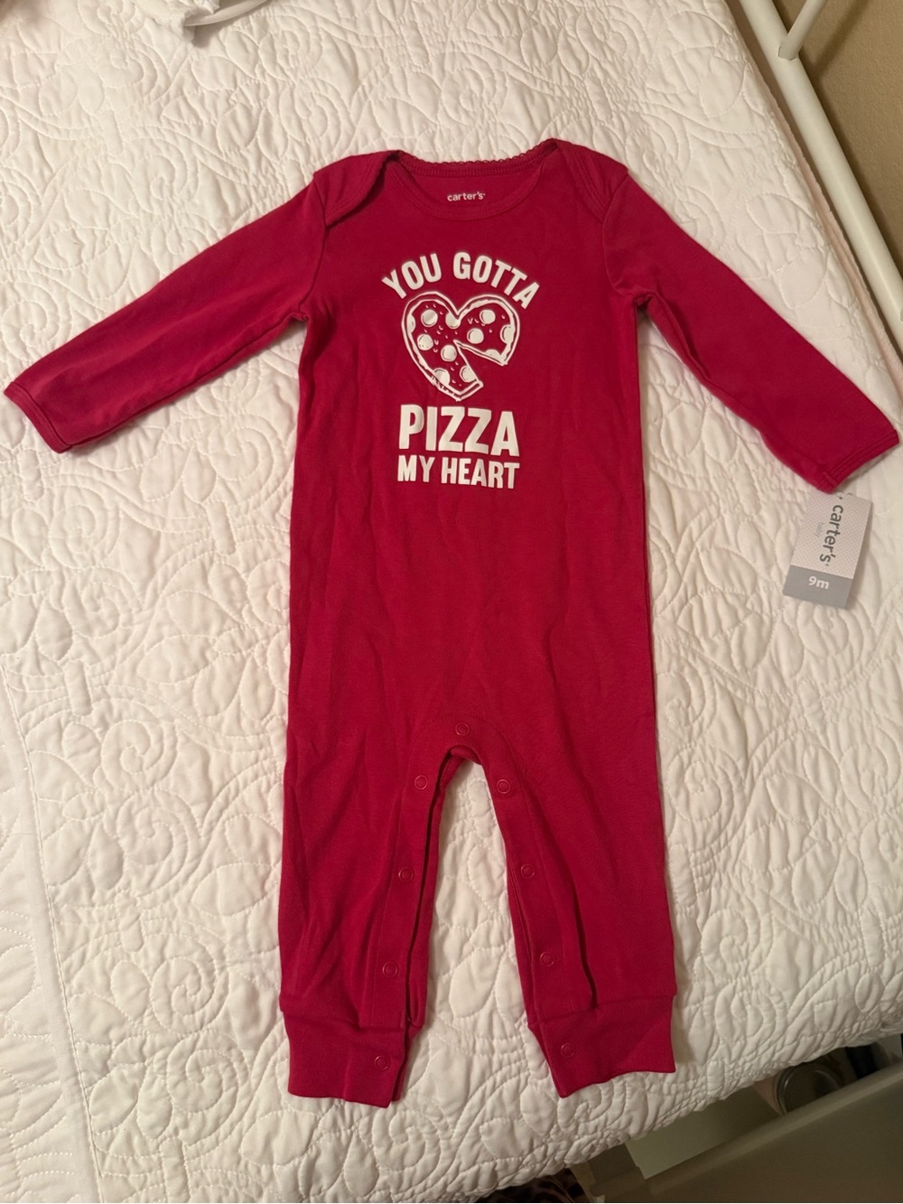 Carter's Bright Red Long-Sleeve Pizza Heart Footie. Size 9 months.